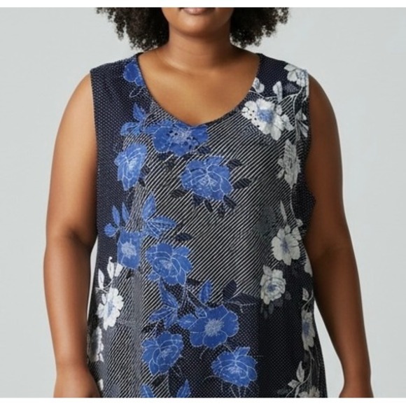 Catherines Tops - Catherines Womens 1X Blue Floral Stripe Dot Sleeveless V Neck Tank Top Shirt